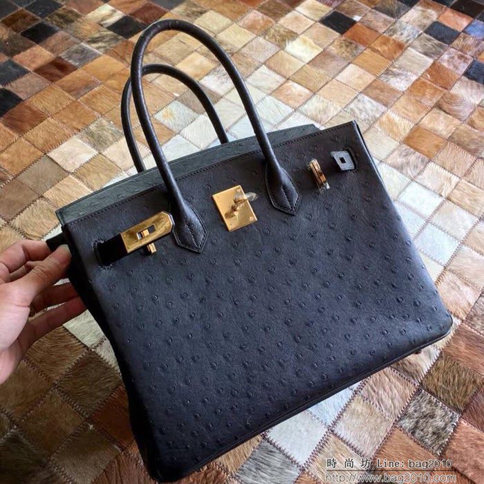 HERMES愛馬仕 鉑金包 Birkin 30 南非原產KK級鴕鳥皮 頂級工藝 黑色 手縫蠟線 手提包  Ama1238